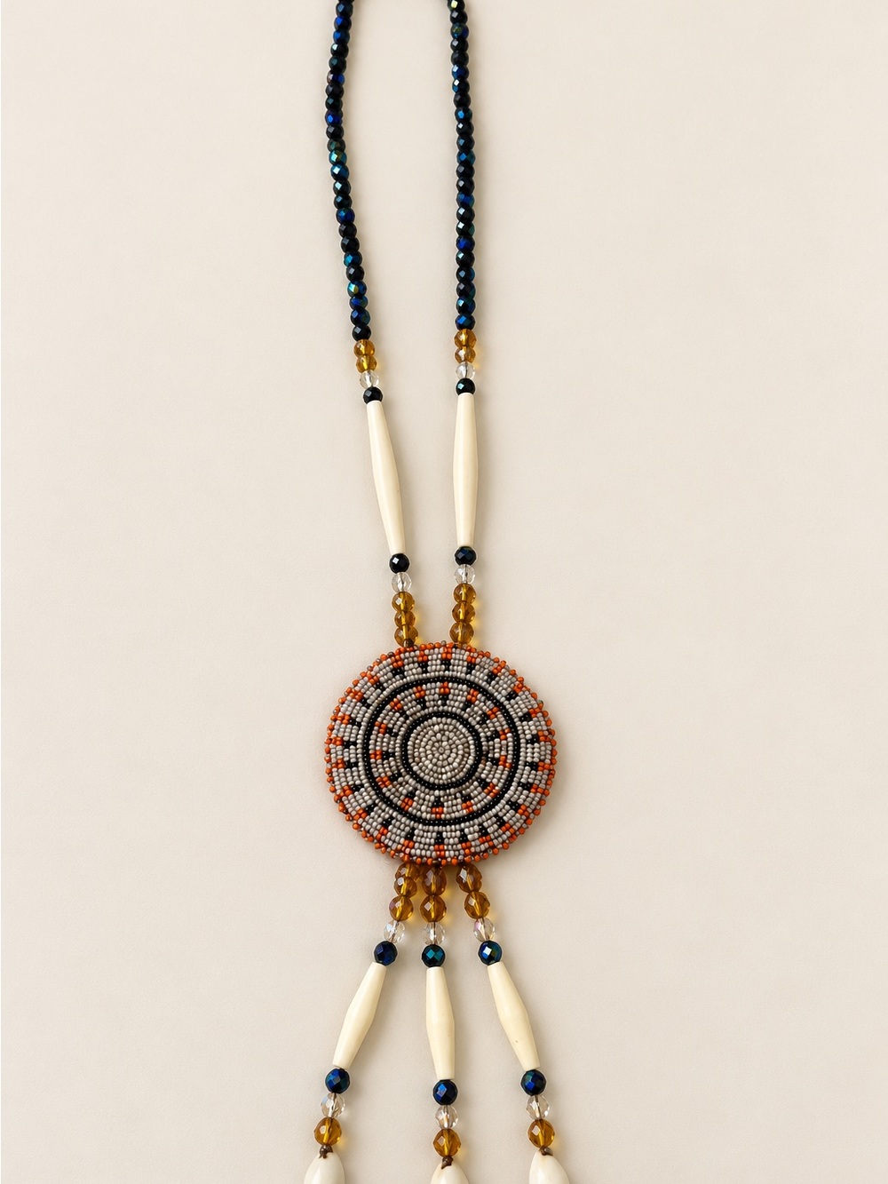 Handcrafted Beaded Medallion Necklace Genuine Bone Hair Pipe AB Crystal 22"